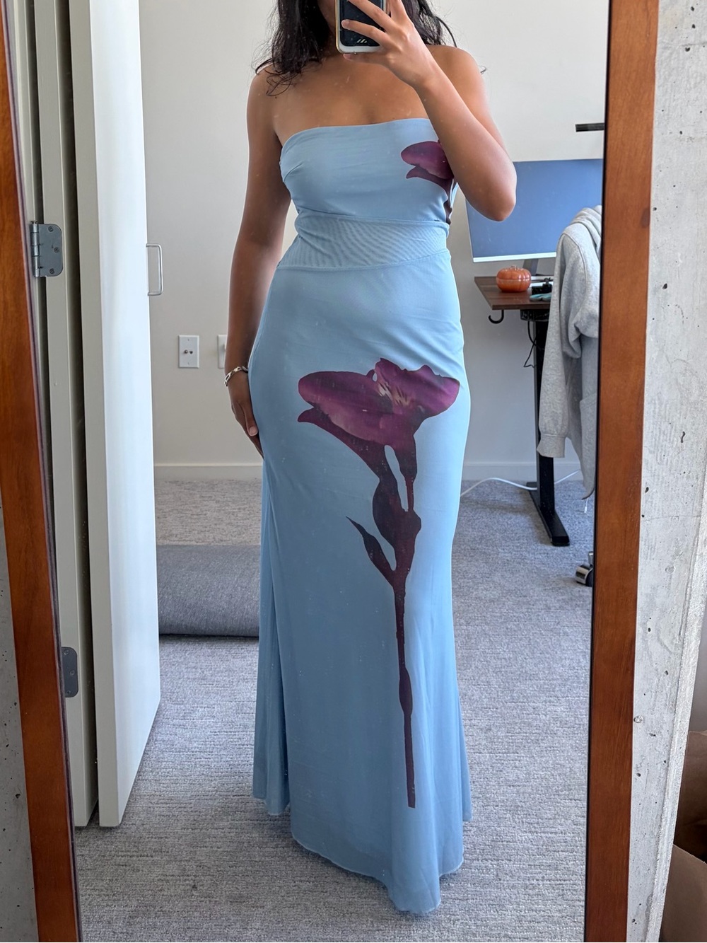 Strapless Light Blue Floral Maxi Dress
